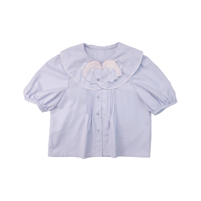 Harajuku Shirt Half-Sleeve Shirt Dolphin Embroidery Shirt Hollow-Out Shirt Wave Collar Shirt shirt Meugler