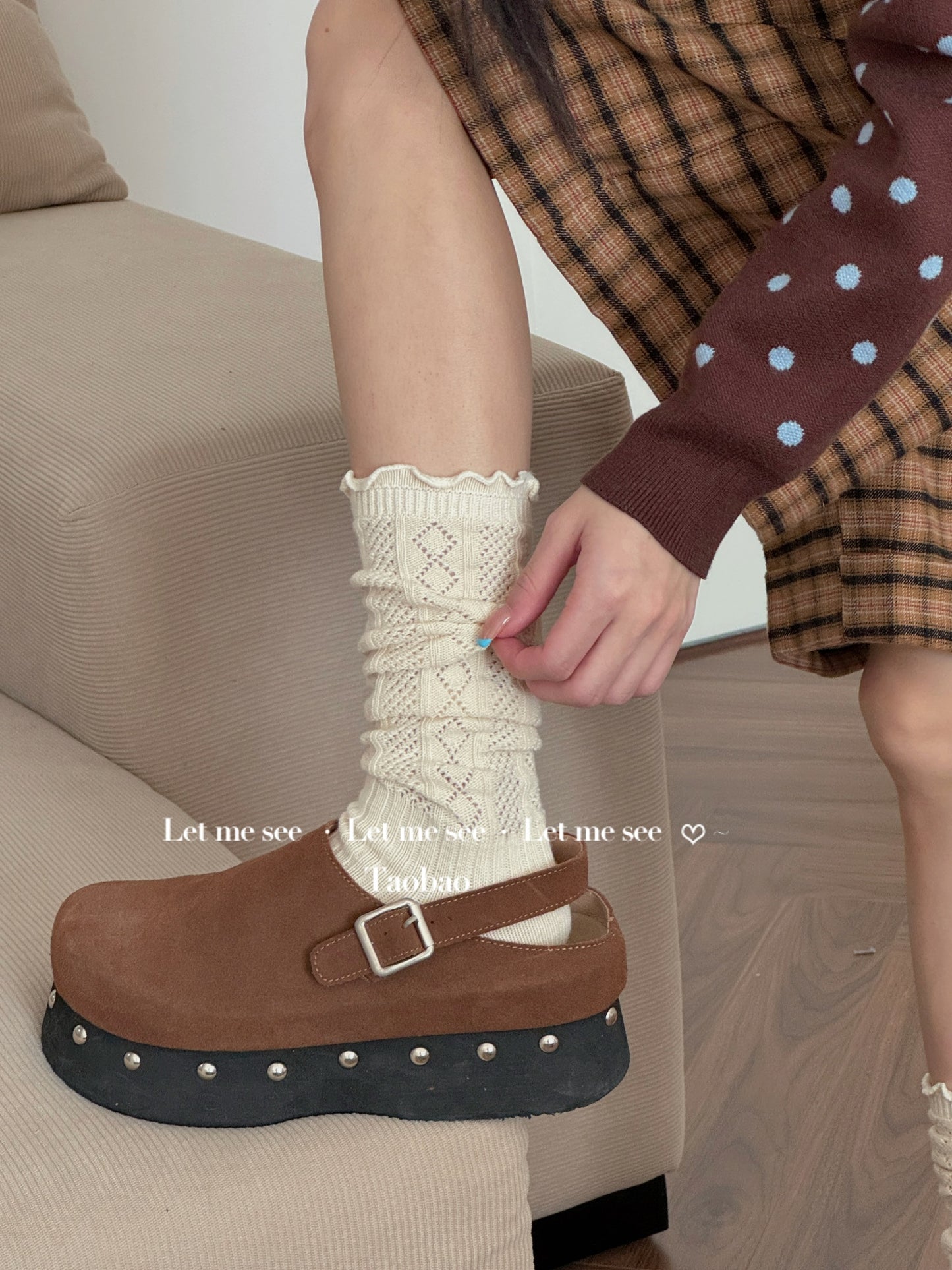 LET ME SEE 古早风镂空针织花边袜 木耳边芭蕾小腿袜女堆堆针织袜 sock let me see Cream White