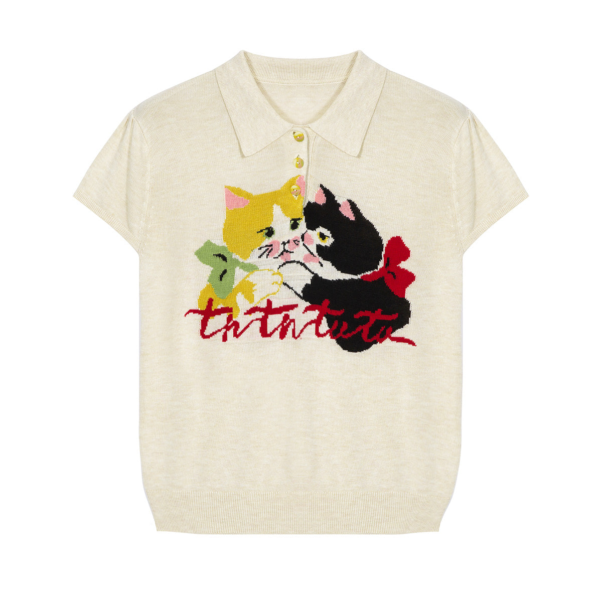 Tntntutu - Kawaii Red White Cat Knit Polo Shirt shirt tntntutu White S