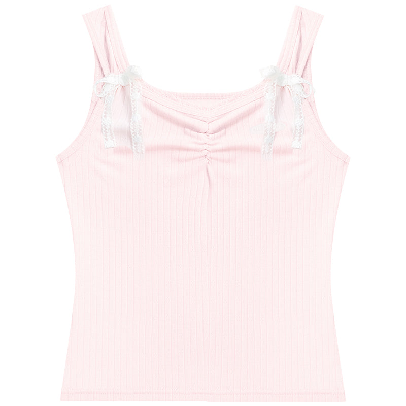 ziziFei - Girly Bow Lace Strappy Tank Top tank top ziziFei Pink S