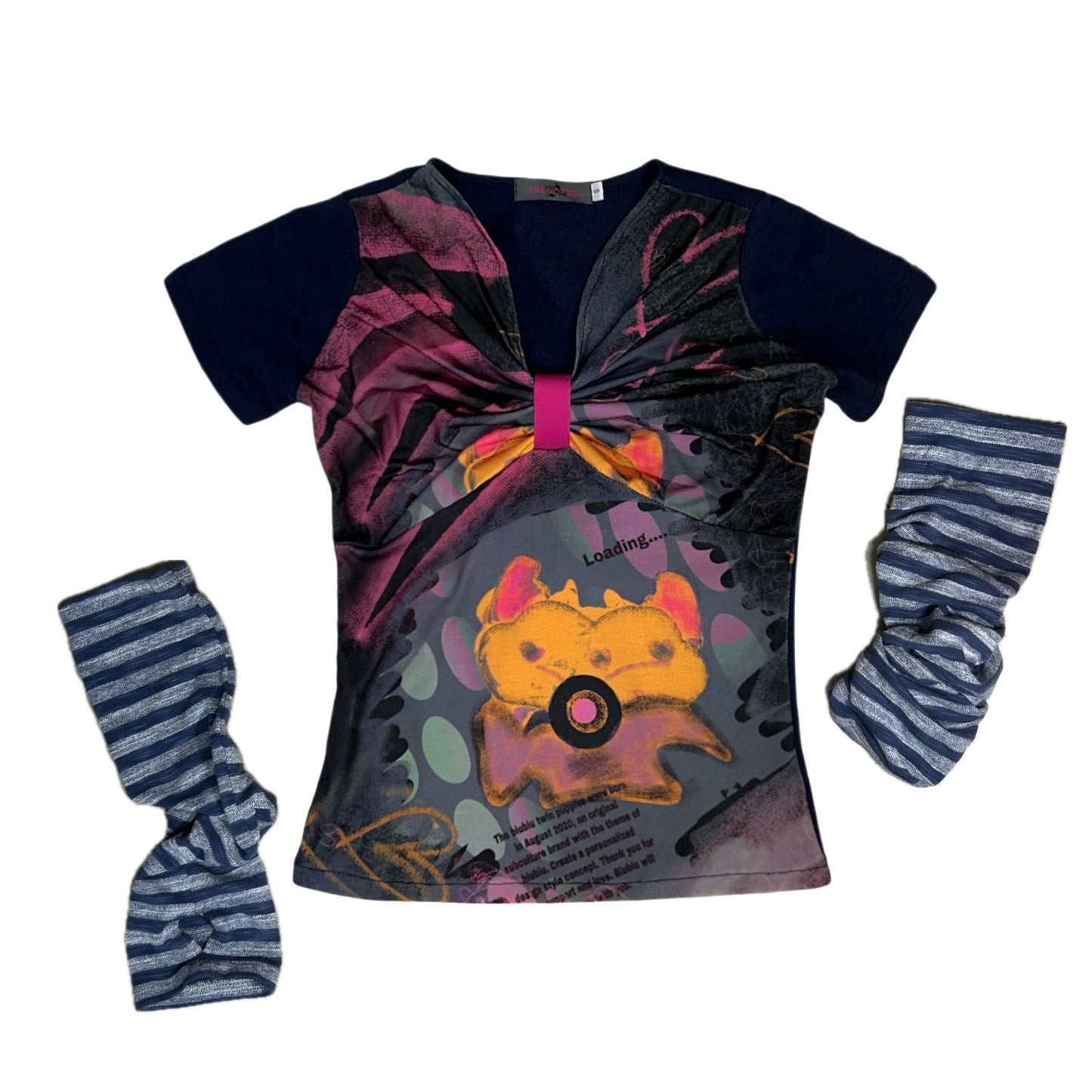 YJM with biubiu "Sunset Blues" Graffiti Bow Slim Top – Harajuku Fitted Tee tshirt YJM with biubiu T-shirt with a pair of sleeves S