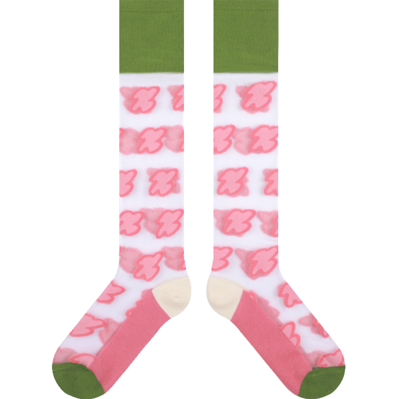 TaoLeSi - Decora Kei Sheer Calf Socks sock TaoLeSi Transparent Base + Full Pink Flowers