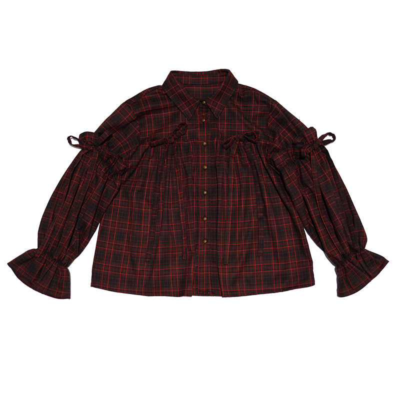 Daytoday Everyday Institute Harajuku Blouse Bow Puff Sleeve Shirt Loose Red Plaid Shirt blouse daytoday everyday institute