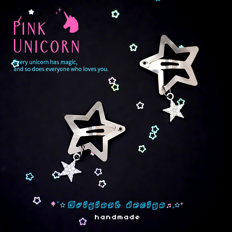 Pink Unicorn - Y2K Metal Star Hair Clip Silver Zircon Minimalist hair clip pink unicorn Silver Pendant Hair Clips