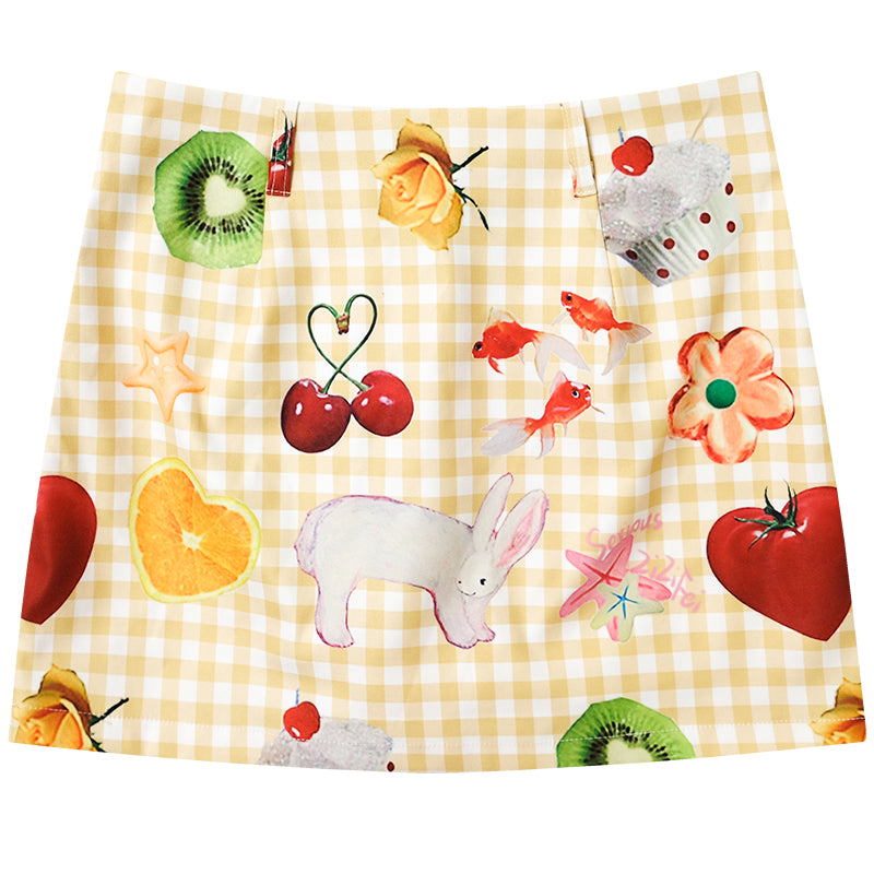 ziziFei - Girly Fruit Print Plaid High Waist Mini Skirt skirt ziziFei Yellow S