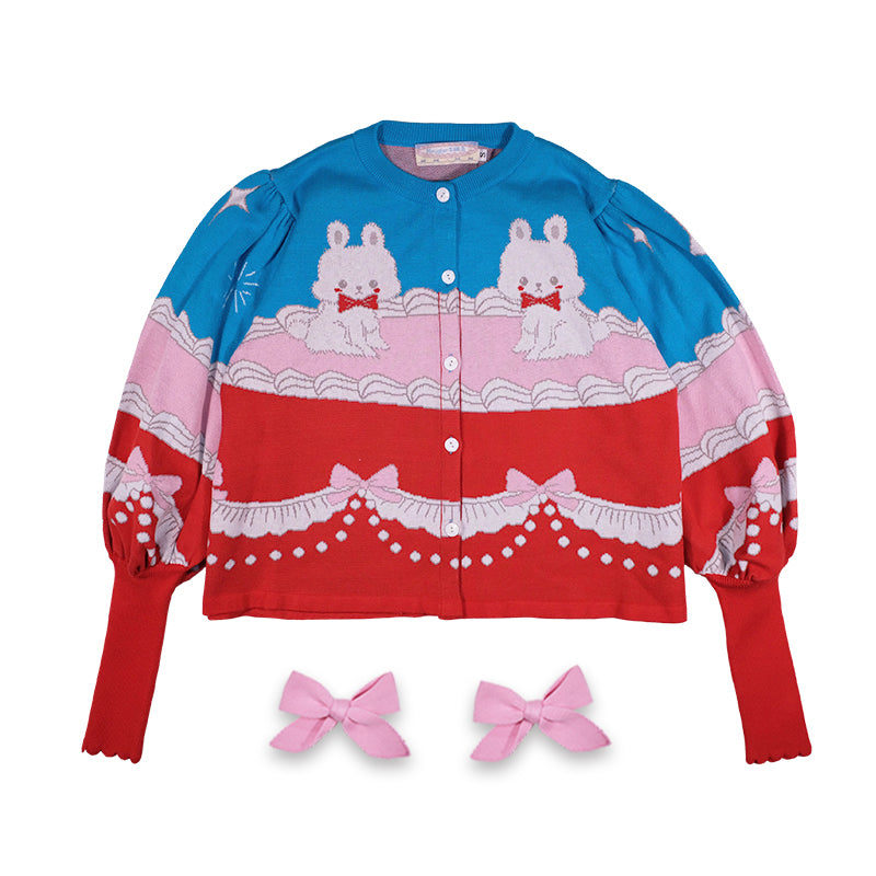 Meugler Bunny Cream Cake Lolita Sweet Bow Short Knitted Cardigan with Leg-of-Mutton Sleeves cardigan Meugler