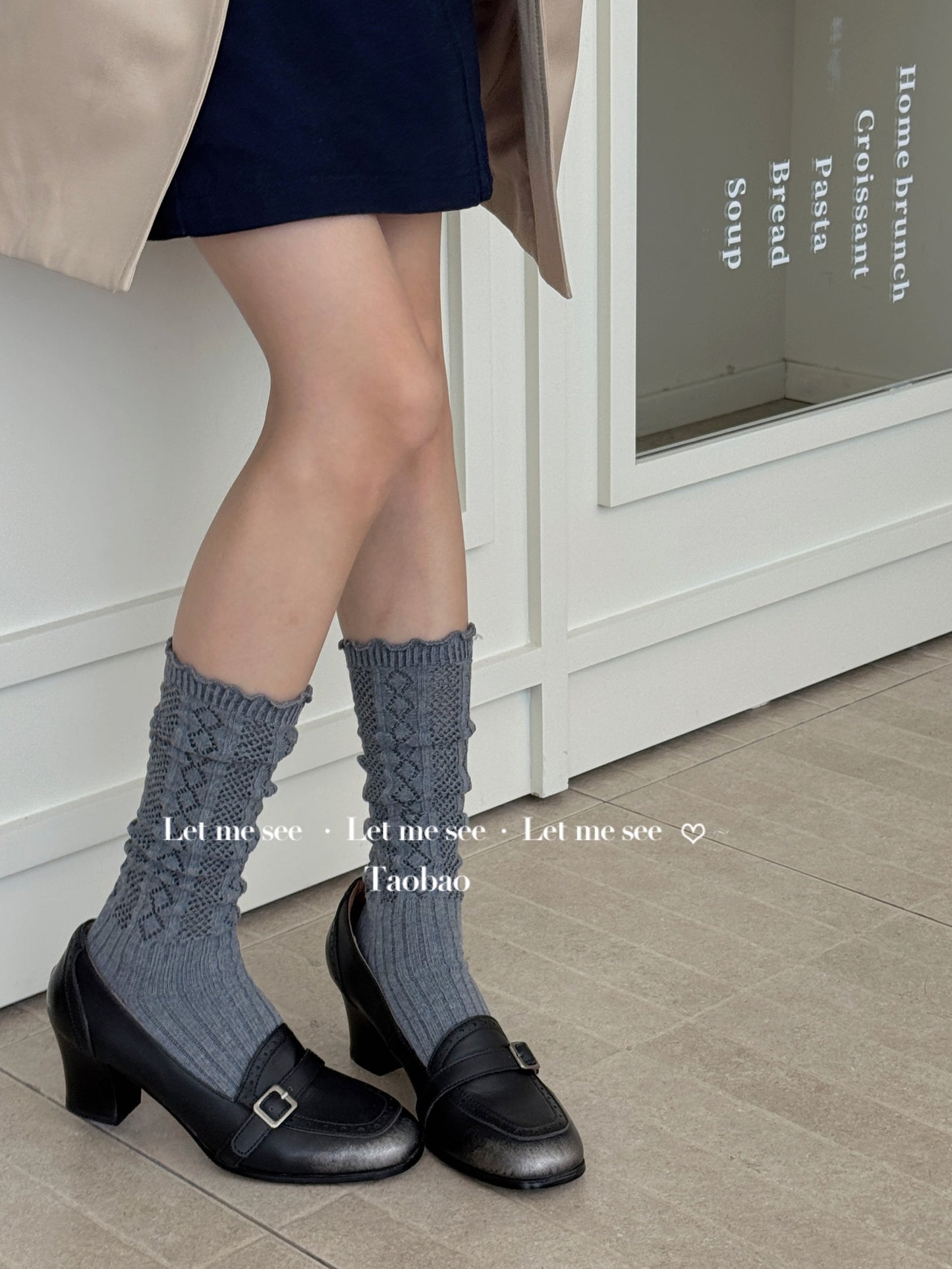 LET ME SEE 古早风镂空针织花边袜 木耳边芭蕾小腿袜女堆堆针织袜 sock let me see Grey