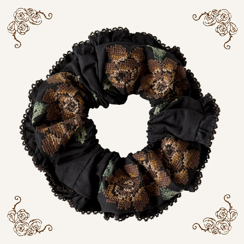 Ate a Dream - Embroidered Cotton-Linen Hair Scrunchie scrunchies Ate a Dream Black
