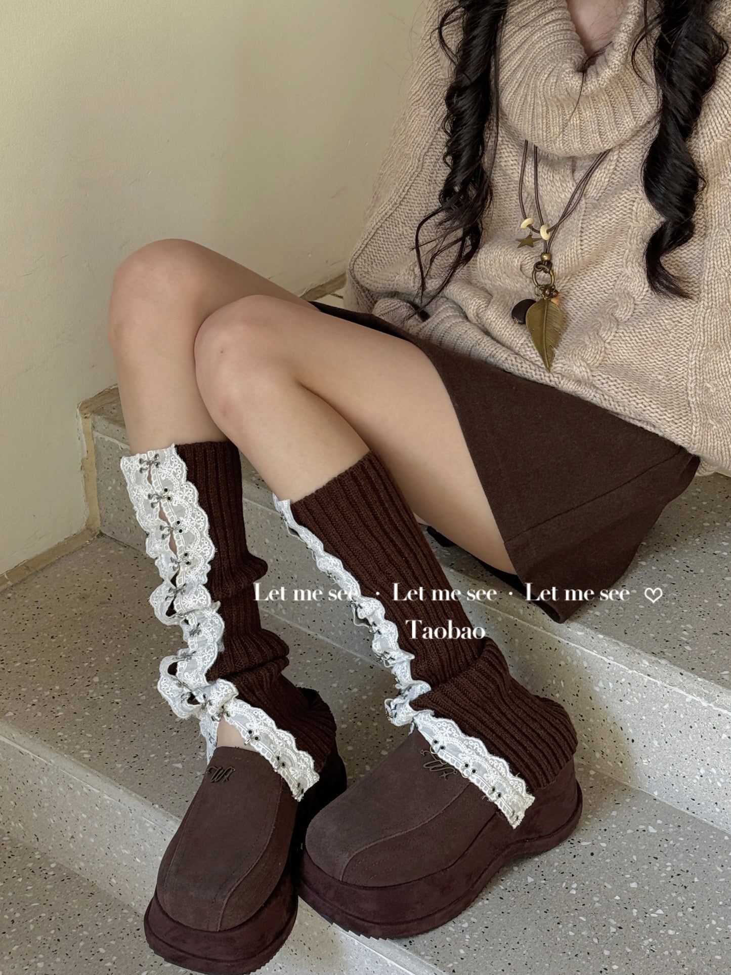 LET ME SEE - Kawaii Lace Knit Leg Warmers Split Slimming leg warmmers let me see Coffee