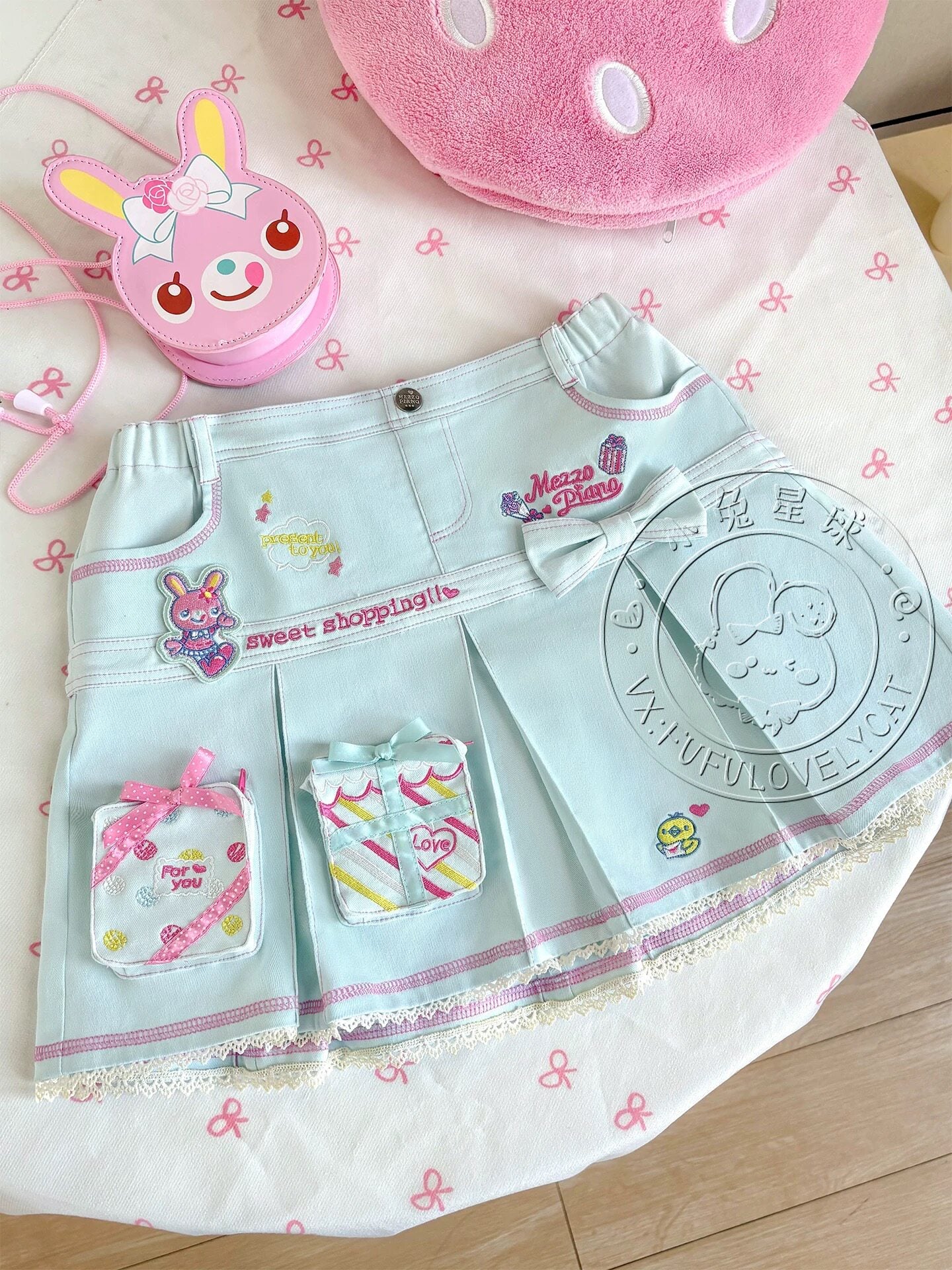 Bunny Planet - Gift Box Embroidered Denim Mini Skirt skirt bunnyplanet Mint S