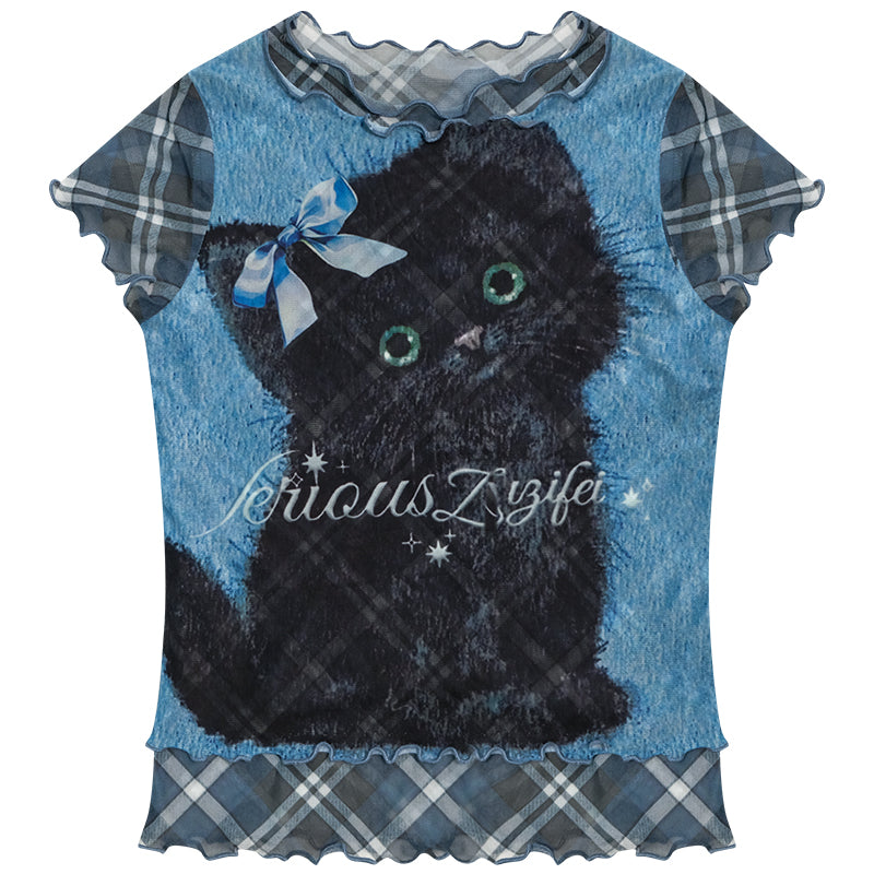 ziziFei - Girly Cat Print Mesh Layered T-Shirt tshirt ziziFei Blue S