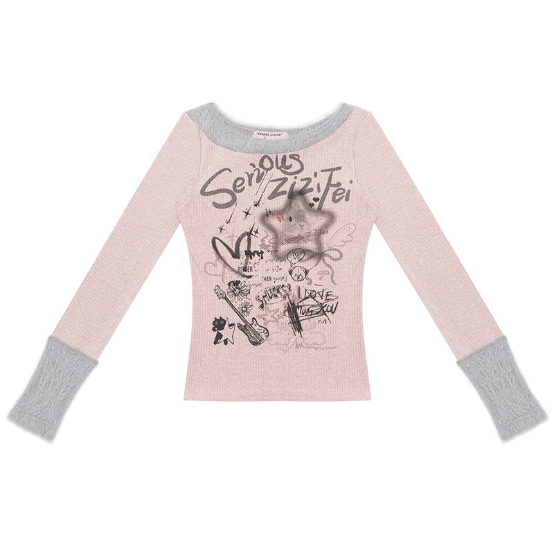 ziziFei - Girly Punk Knit Doodle Top shirt ziziFei Pink S