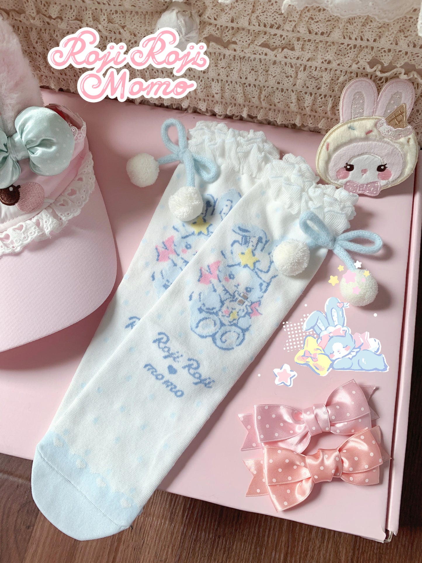 Roji Roji - Kawaii Pom Pom JK Socks Women Autumn Winter Cotton socks Roji Roji White Blue