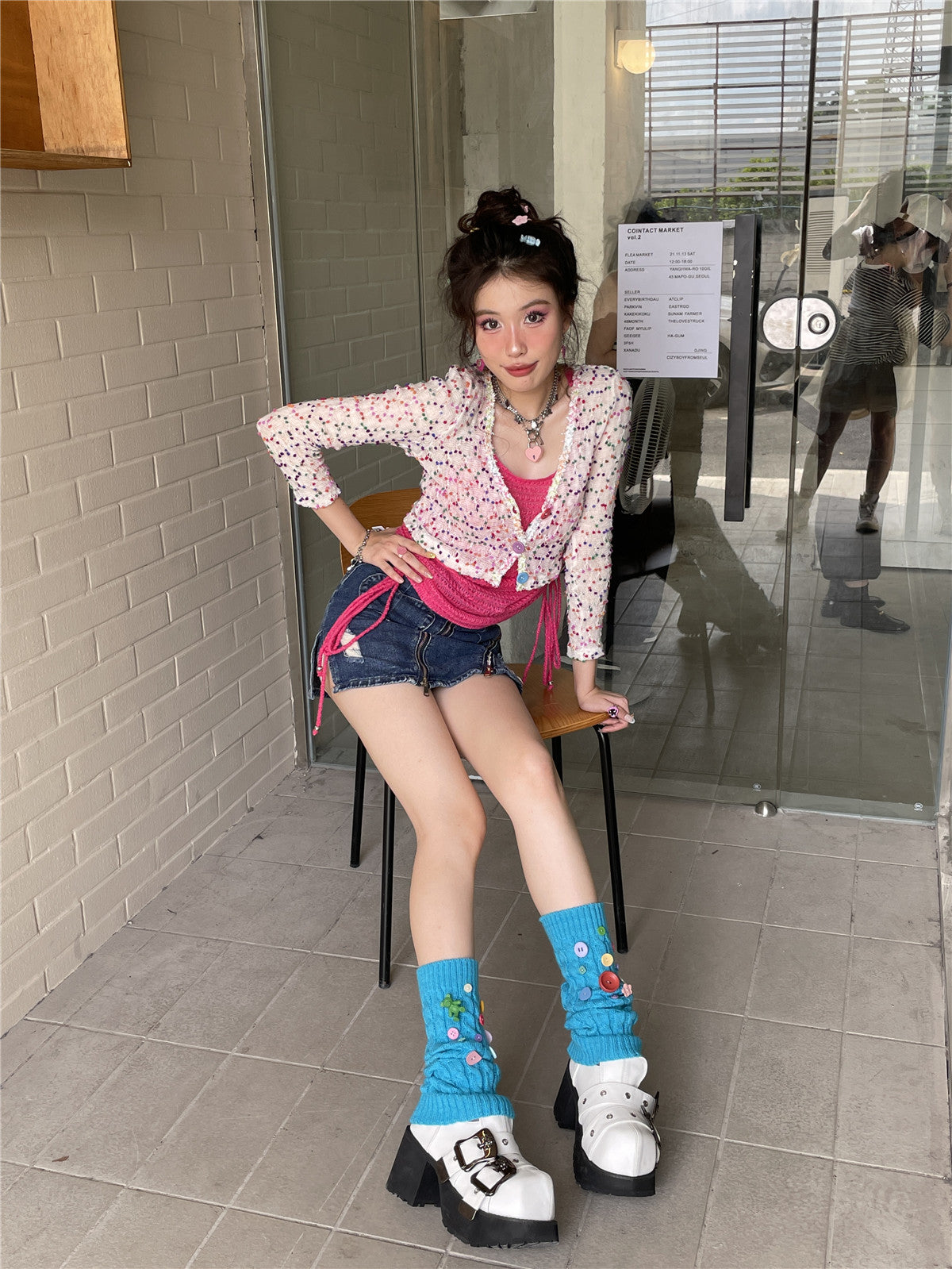 LET ME SEE – Decora Kei Multicolor Cable Knit Buttoned Leg Warmers leg warmmers let me see Blue
