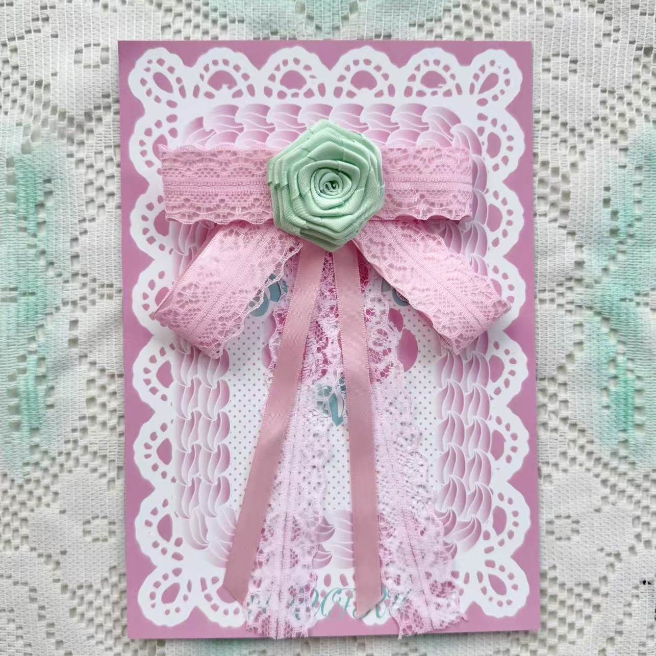 frufru - Vintage Bow Hair Clip Brooch hair clip frufru Pink with Mint Green Rose