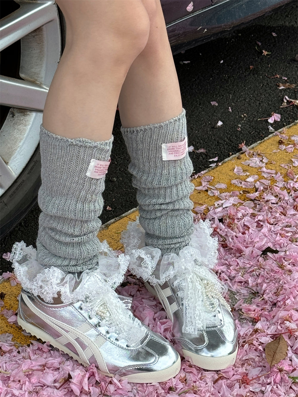 LET ME SEE – Balletcore Lace Leg Warmers with Logo Tag leg warmmers let me see Light Gray