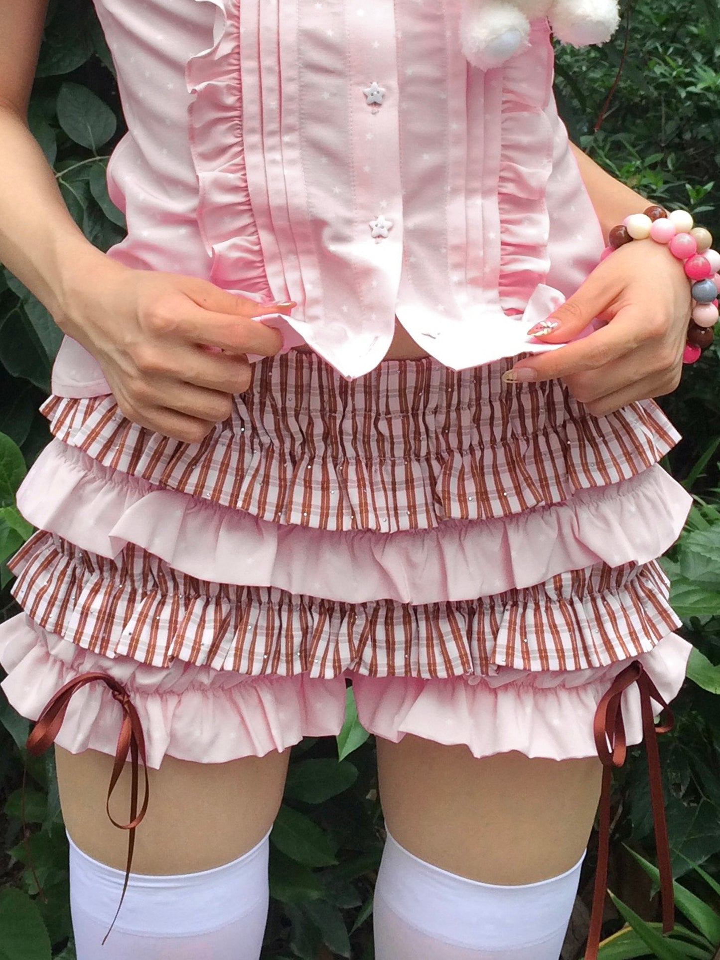 MAMAWEI - Kawaii Printed Blouse & Cake Skirt-Pants set MAMAWEI Pink Shorts S