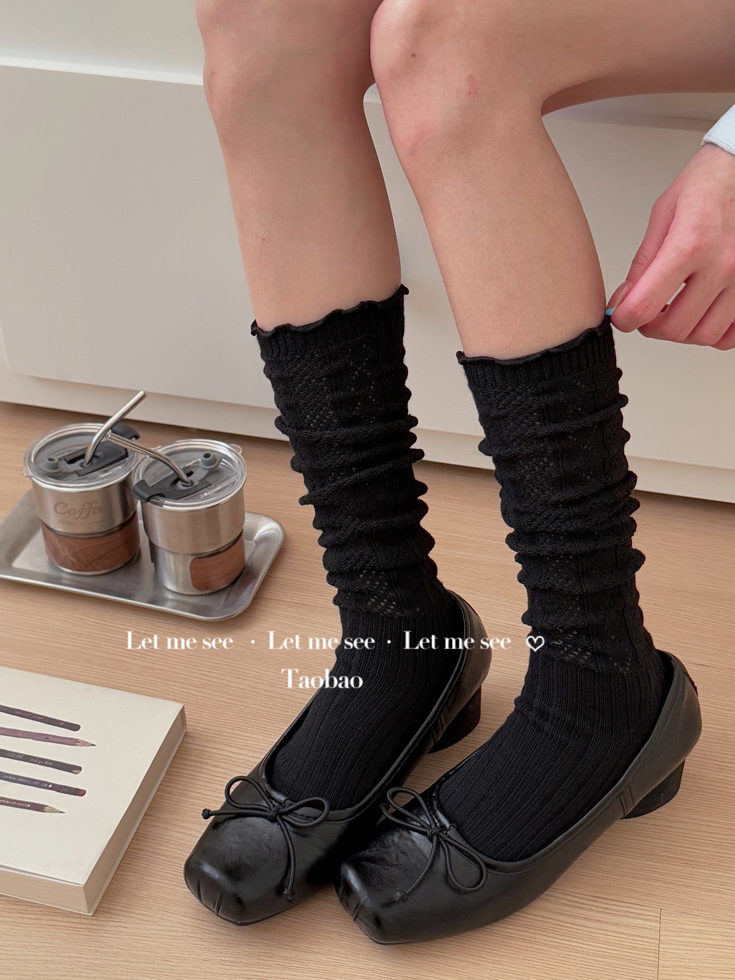 LET ME SEE 古早风镂空针织花边袜 木耳边芭蕾小腿袜女堆堆针织袜 sock let me see Black