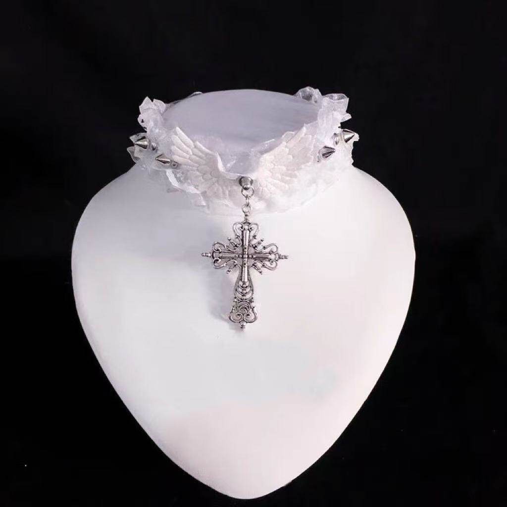 Lace Gothic Cross Wing Choker necklace really cute White
