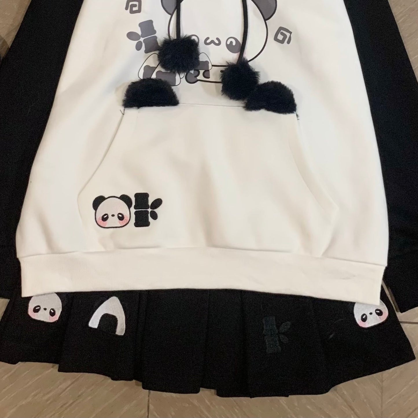 Blurred Bear - Kawaii Colorblock Fleece Hoodie Skirt Set set Blurred Bear Black Skirt S