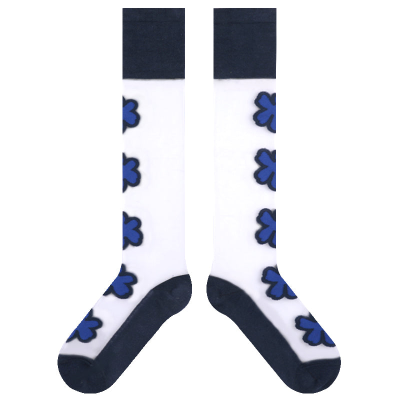 TaoLeSi - Decora Kei Sheer Calf Socks sock TaoLeSi Transparent Base + 5 Blue Flowers