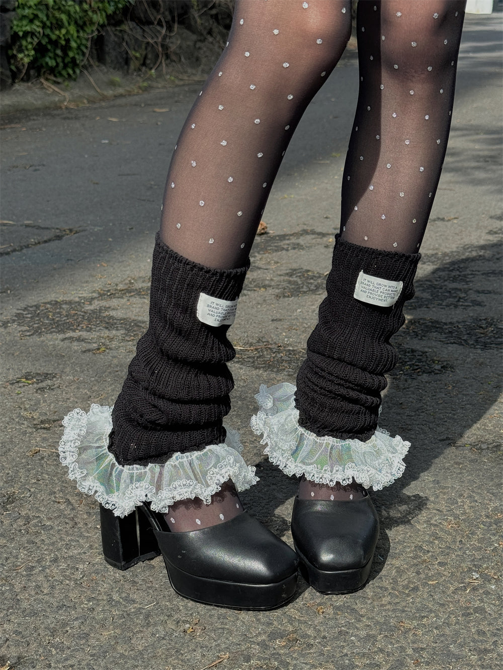 LET ME SEE – Balletcore Lace Leg Warmers with Logo Tag leg warmmers let me see Black