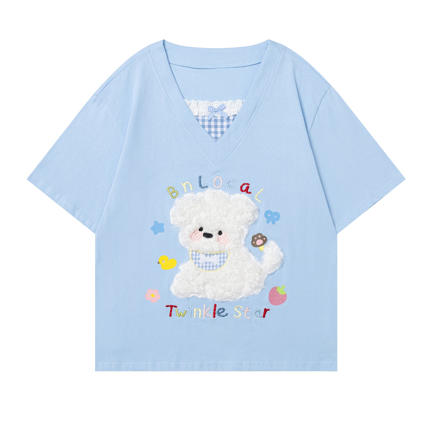 Languid Park - Dog Applique Bow V-Neck Tee tshirt Languid Park Blue S