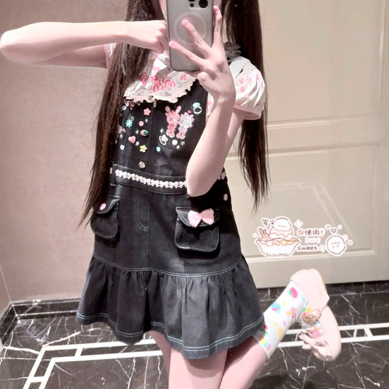 Bunny Planet - Jojifuku Embroidered Denim Jumper Skirt bunnyplanet