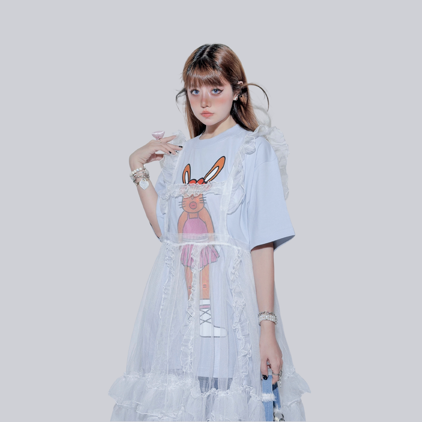 FANLOVEGIRL - Bunny Graphic Layered T-Shirt | Kawaii Harajuku Mesh Overlay Top set FANLOVEGIRL Blue Tee with Apron Dress S