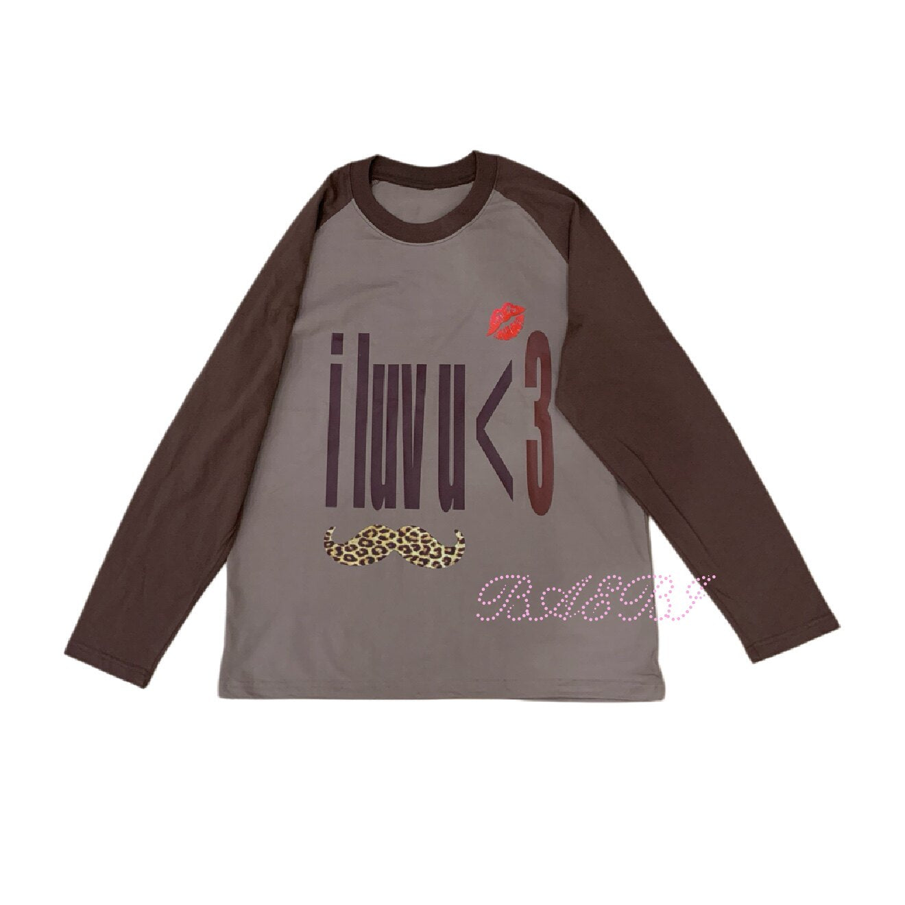 bae bi - Y2K Leopard Letter Raglan Long Sleeve T-Shirt tshirt Bae Bi Brown 1