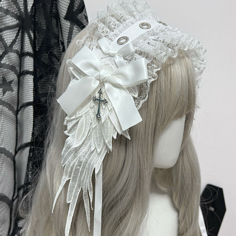 1Gangster Inn - Wing Lace Gothic Lolita Headband hairband 1GASTERINN White