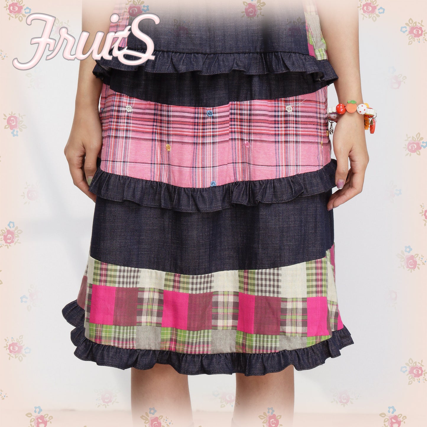 FRUITS - Pink Plaid Denim Vest Set set Fruits Skirt Only S