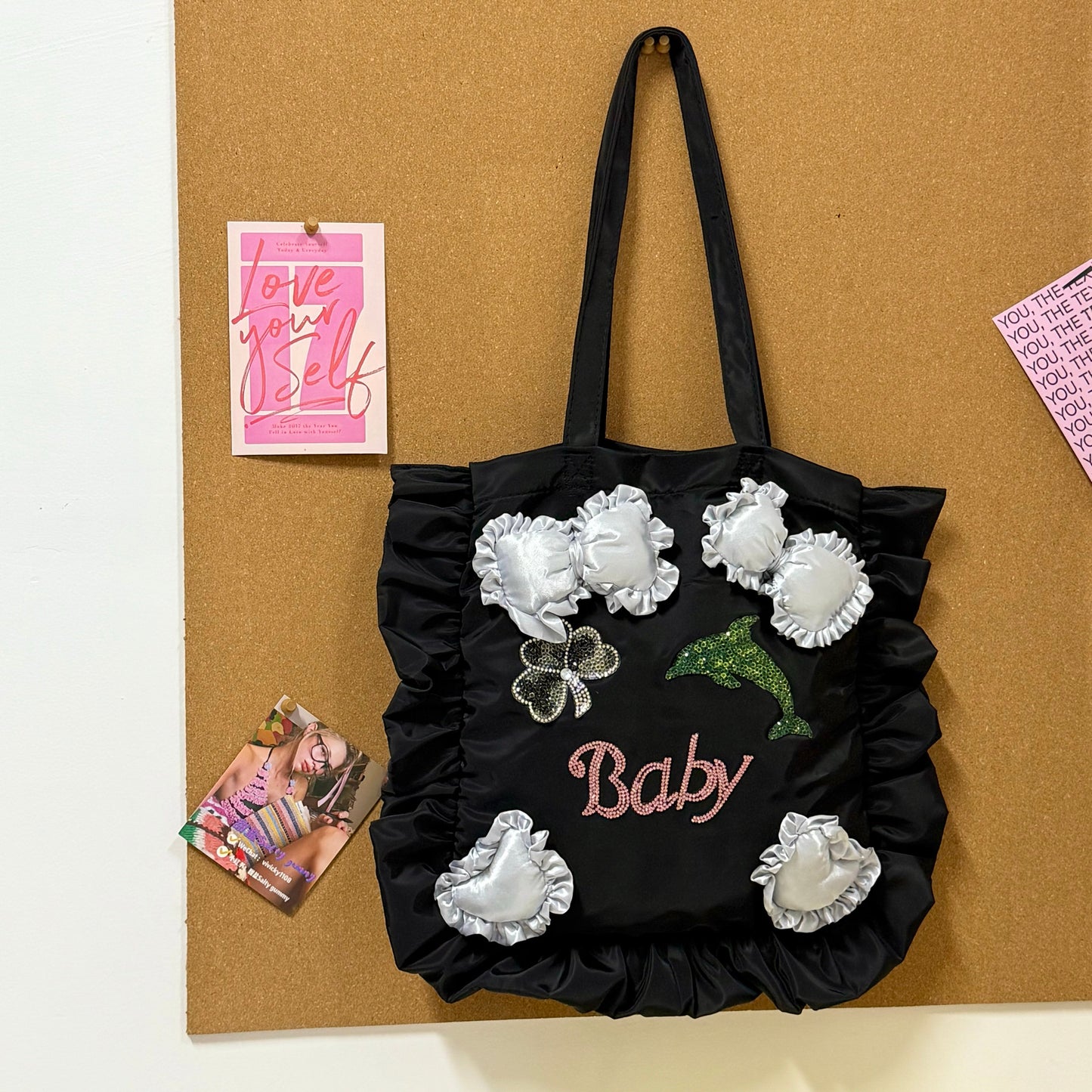 Salty Gummy - Satin Ruffle Tote Bag bag Salty Gummy Black