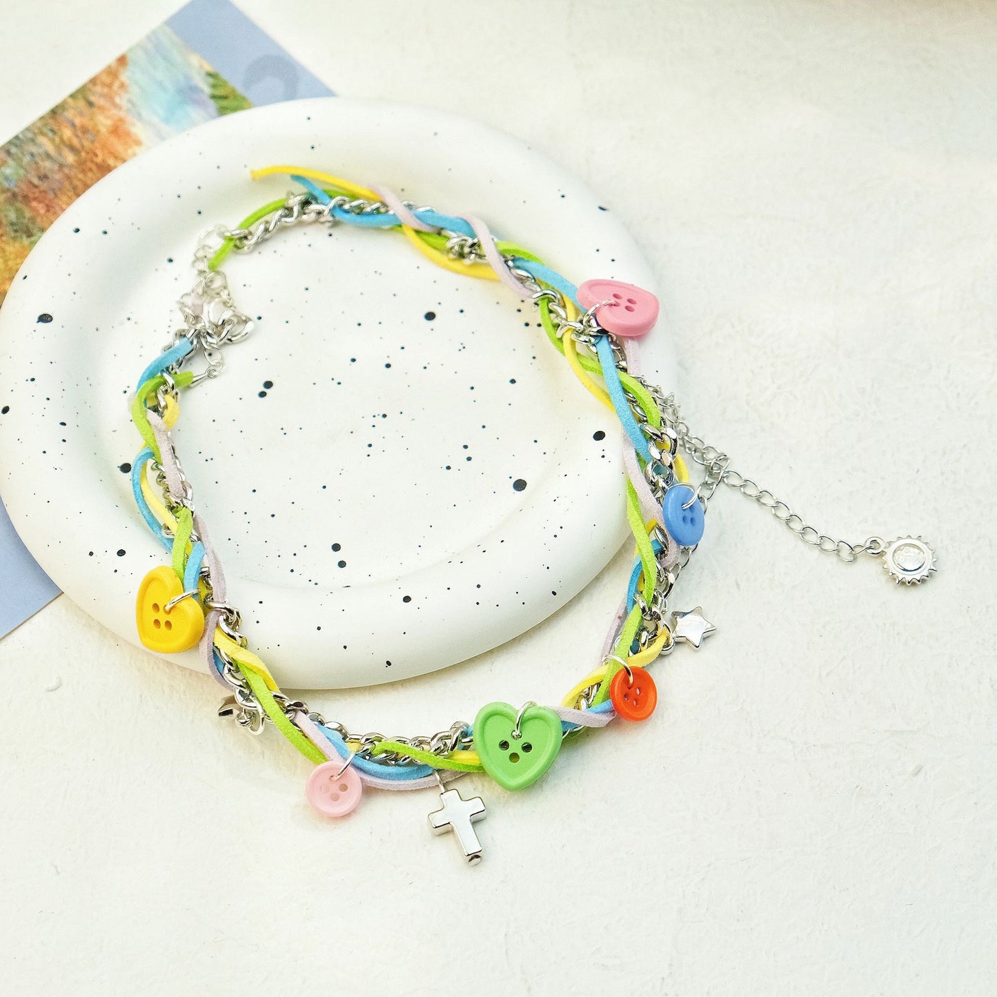 Handmade Colorful Button Choker Necklace | Decora Kei Y2K Harajuku Accessory necklace really cute Heart Button Necklace