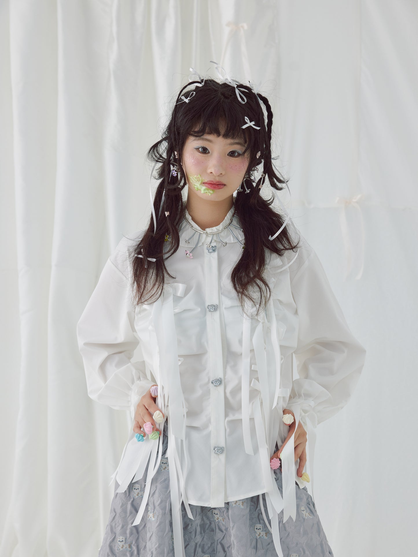 Harajuku Shirt Bow Ribbon Shirt Pleated Shirt Cute Metal Button Shirt shirt HELPHELP