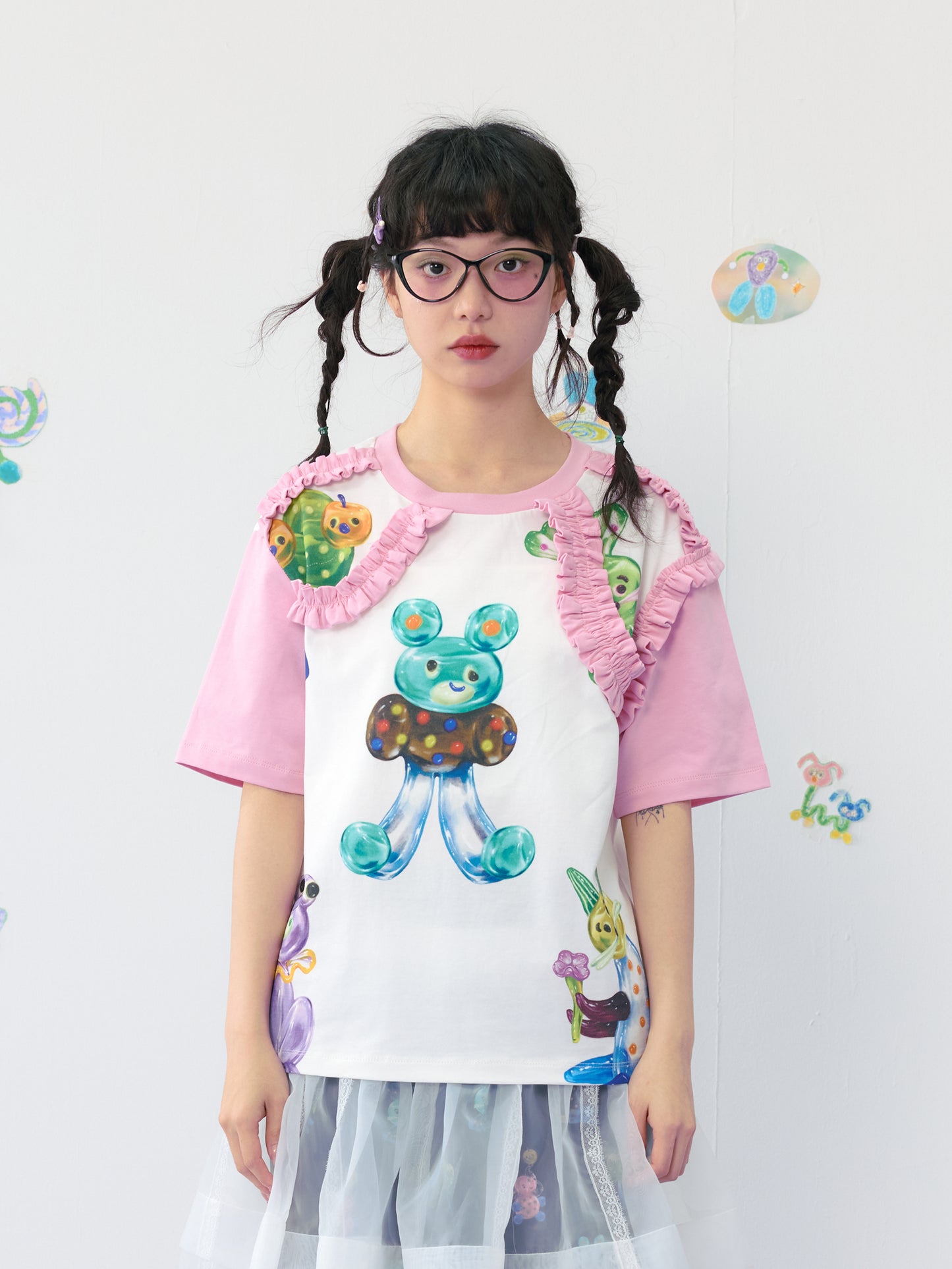 Harajuku T-Shirt Pink White T-Shirt Candy Print T-Shirt Ruffle Trim T-Shirt shirt HELPHELP