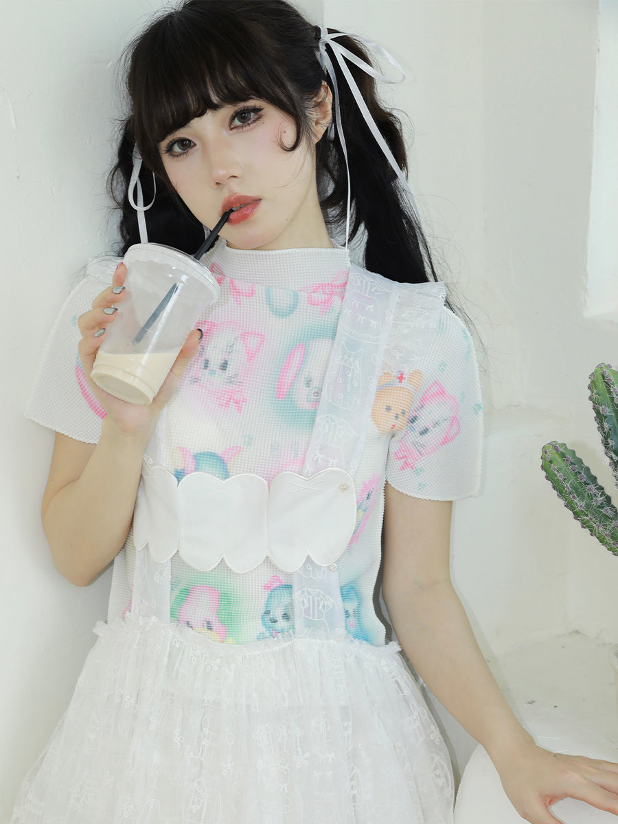 Meugler Dreamy Animal Print Frilled Short Sleeve T-shirt - Misty Girl's Tencel Top with Pearl Bow Detail tshirt Meugler