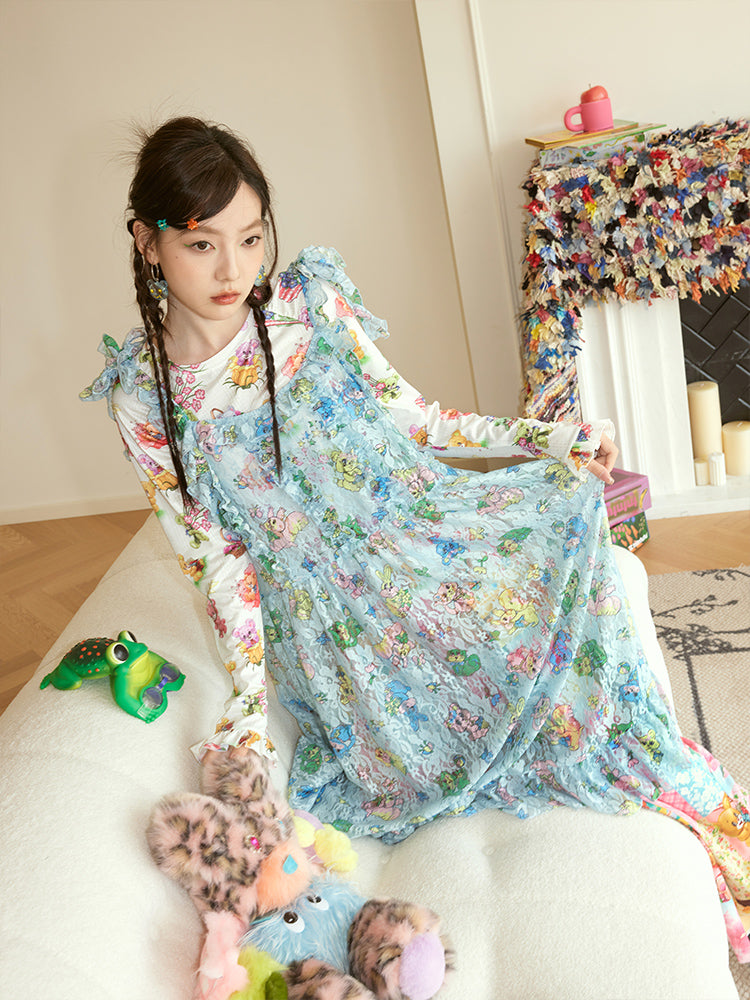 Harajuku Dress Blue Dress Lace Overlay Dress Cute Animal Prints Dress Adjustable Tie Straps Dress dress tntntutu