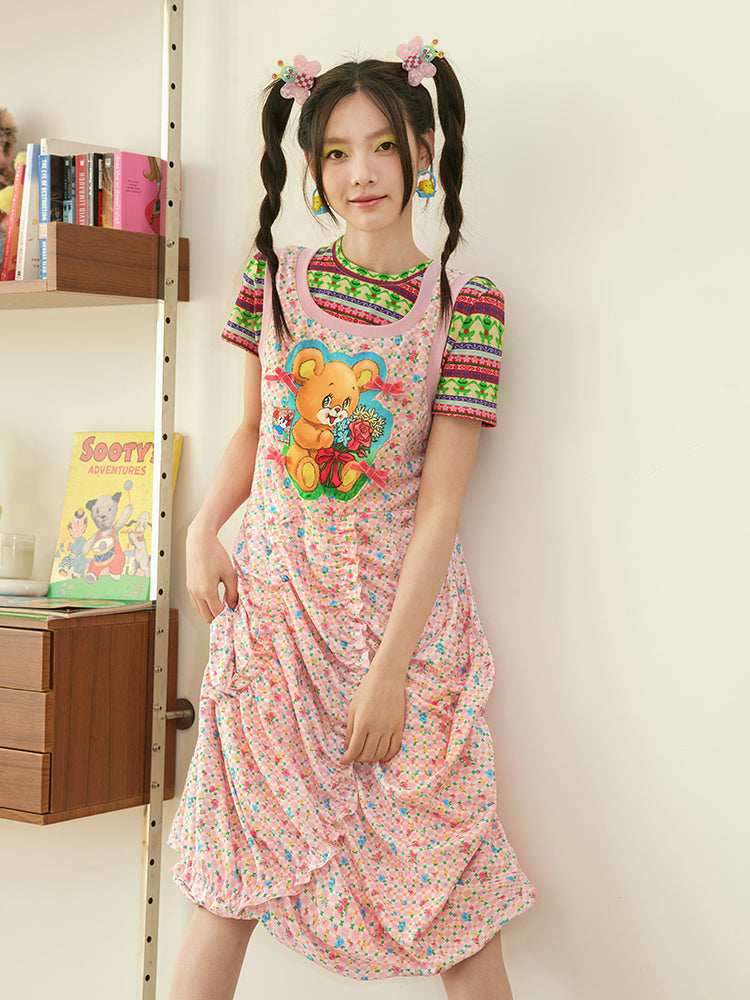 Harajuku Dress Pink Dress Teddy Bear Dress Ruched Dress dress tntntutu
