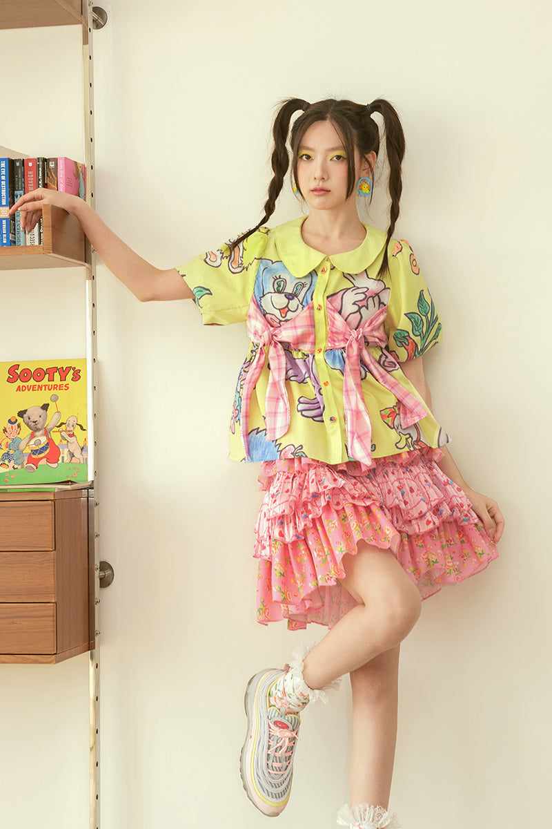 Harajuku Skirt Pink Skirt Tiered Skirt Floral Skirt Teddy Bear Embroidery Skirt skirt tntntutu