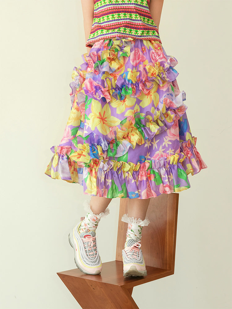 Harajuku Skirt Purple Skirt Floral Skirt Glitter Skirt Ruffled Hem Skirt skirt tntntutu