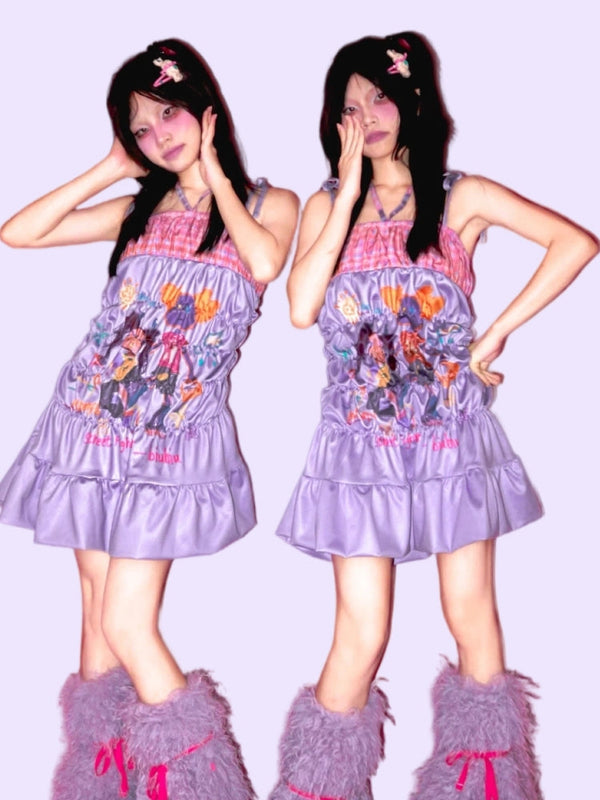 YJM with biubiu Abstract Graffiti Dress | Ruched Slip Dress – Y2K Harajuku Mini Dress dress YJM with biubiu