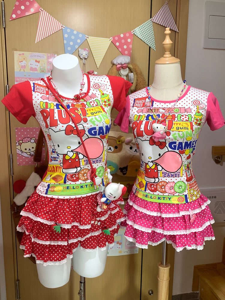 Blurred Bear - Decora Kei Set Kitty Tee & Polka Dot Skirt set Blurred Bear
