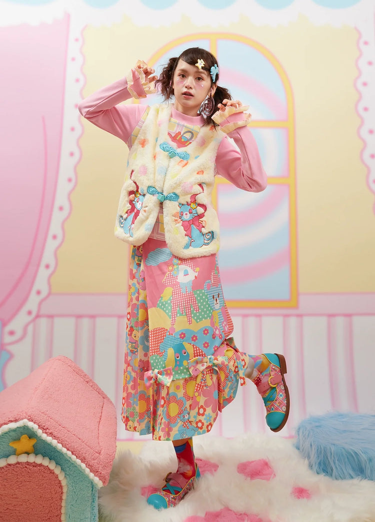 FruFru collection featuring Y2K-inspired clothing with cute and retro designs. Skirts, pants, dresses, and shirts blended with unique fabrics and playful illustrations, capturing the fun and playful essence of 'Oh, I’m so cute.