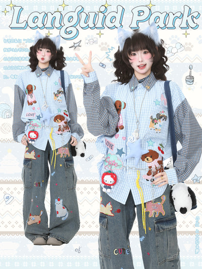Languid Park - Puppy Embroidered Plaid Shirt shirt Languid Park
