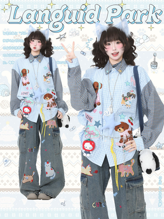 Languid Park - Puppy Embroidered Plaid Shirt shirt Languid Park