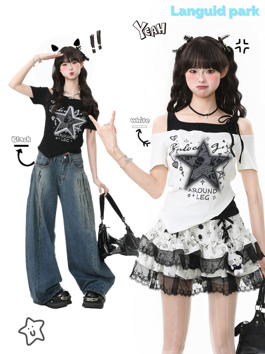 Languid Park - Star Off Shoulder Crop Tee tshirt Languid Park