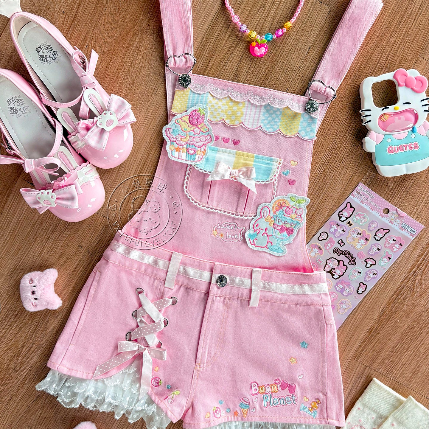 Bunny Planet - Embroidered Detachable Overalls overall bunnyplanet Pink S