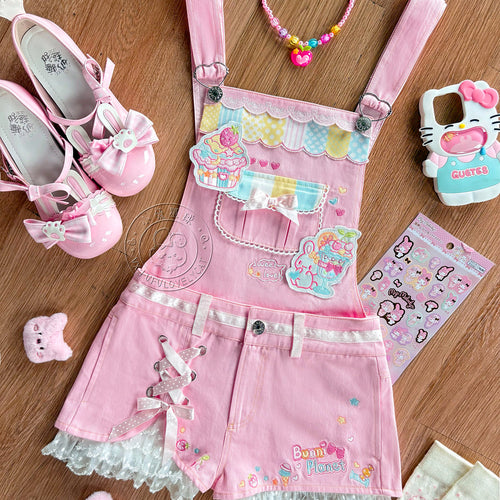 Bunny Planet - Embroidered Detachable Overalls overall bunnyplanet Pink S