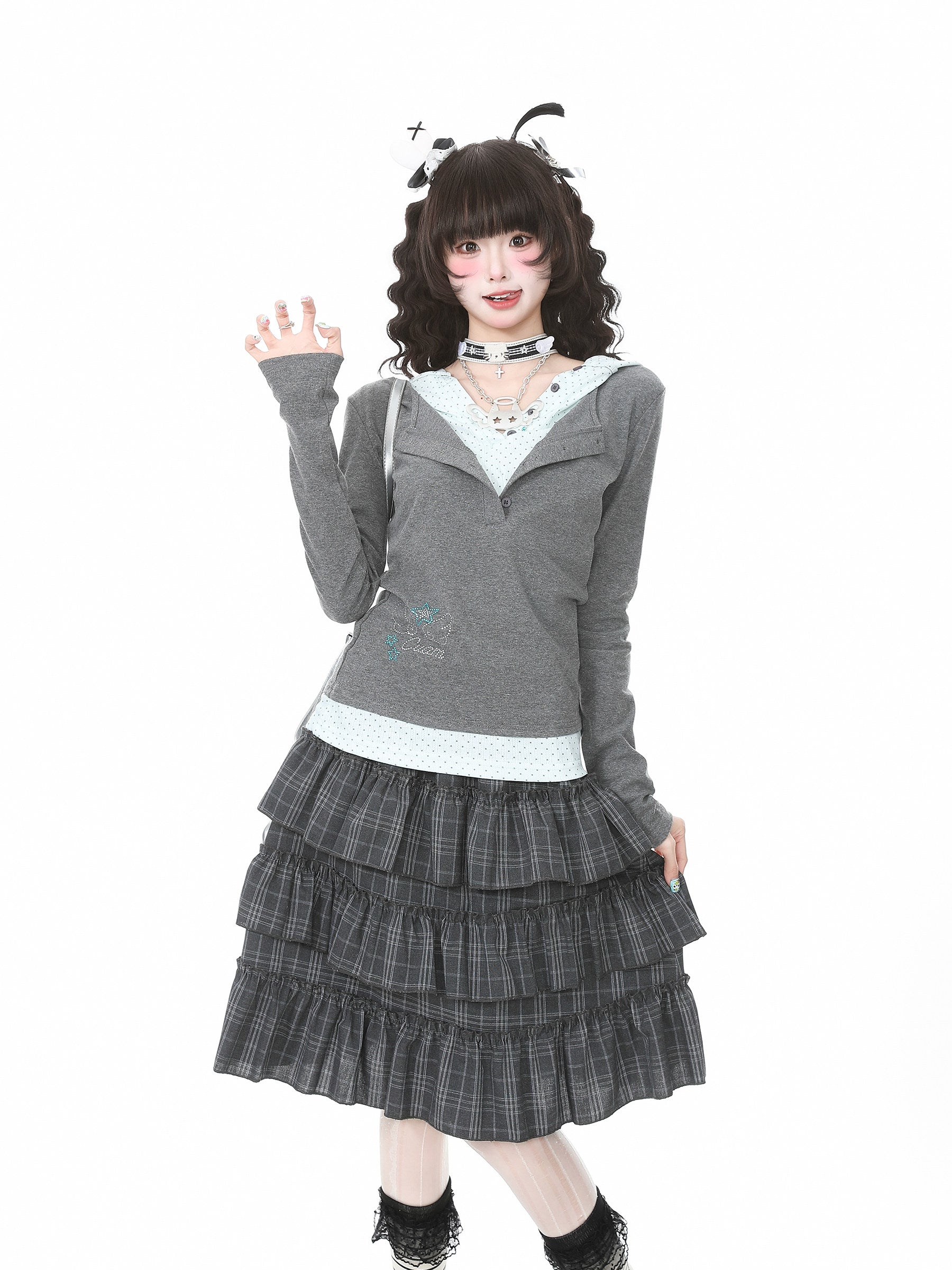 Languid Park - Star Rhinestone Hooded Tee shirt Languid Park Grey S